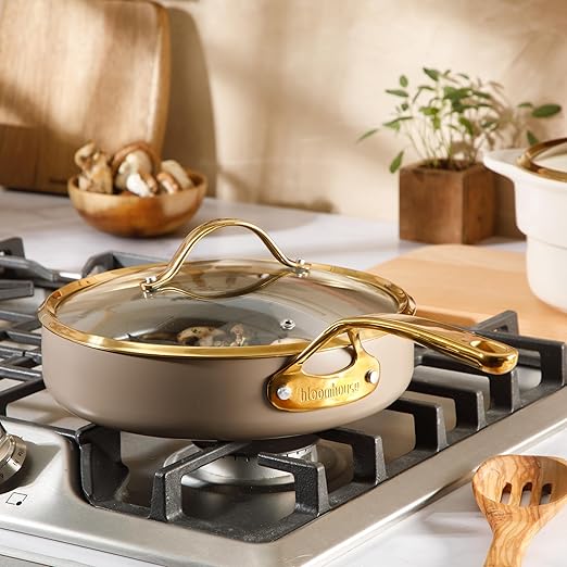 Bloomhouse - Two Time Oprah's Favorite Things Winner - 10 Inch Heavy Duty Aluminum Premium PFA Free Ceramic Nonstick Saute/Deep Frying Pan Skillet with Lid - Cappuccino Cream with Gold Handle