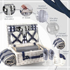 Picnic Basket Set for 4 with Waterproof Blanket Mat Insulation Bag Wicker White Navy Blue Stripe Classic Elegant Gift for Wedding Birthday Summer Camp Outdoor Camping Beach Travel Christmas