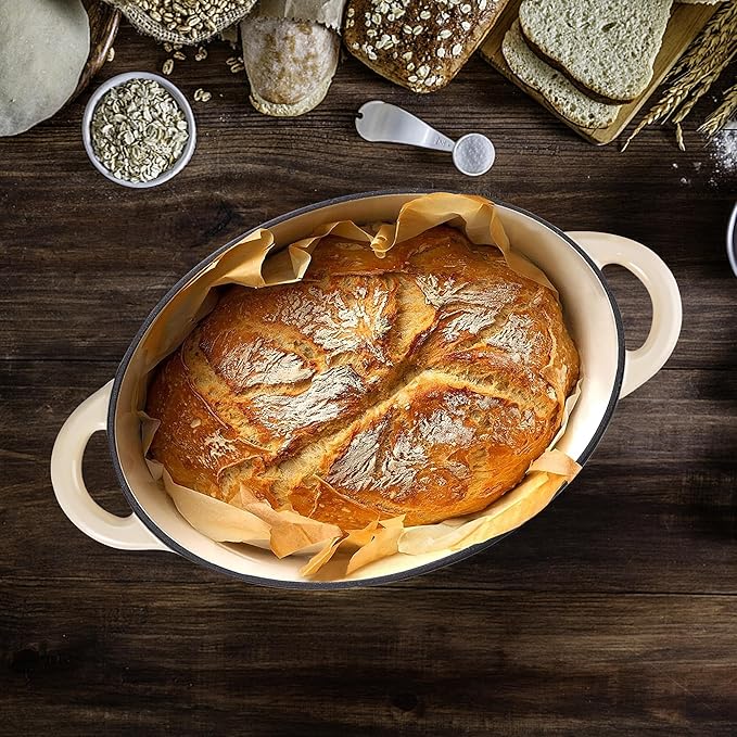 Oval Dutch Oven for Bread Baking, 4.5 Quart Non Stick Enameled Cast Iron Dutch Oven Pot with Lid, Oven Safe Oval Casserole with Lid up to 500°F for Baking, Braising, Stews, Roasting (Beige)