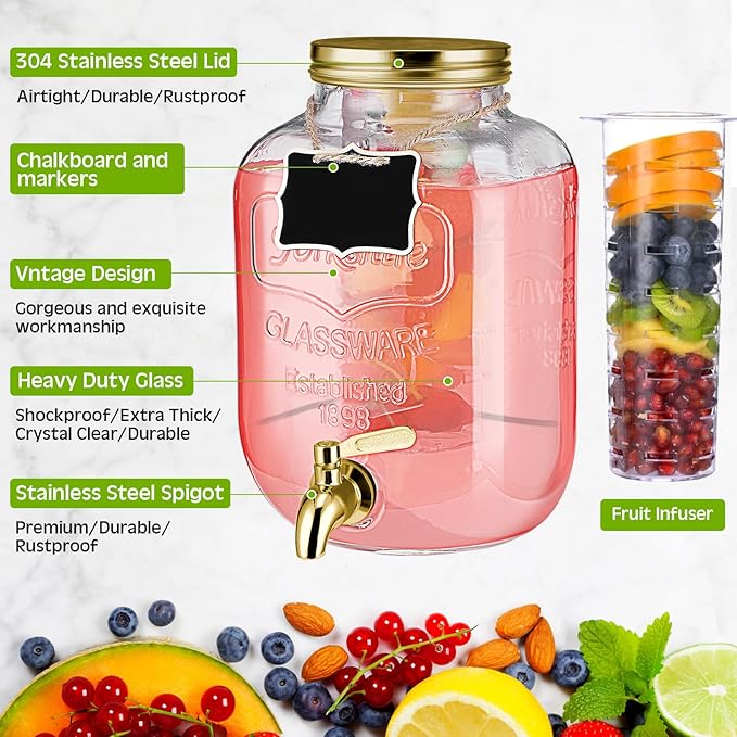 Lallisa 3 Pcs 2.5 Gallon Beverage Dispensers for Parties Glass Drink Water Dispenser with Stand Stainless Steel Leakproof Spigot Ice Cylinder Hanging Chalkboard Signs Pen(Gold)