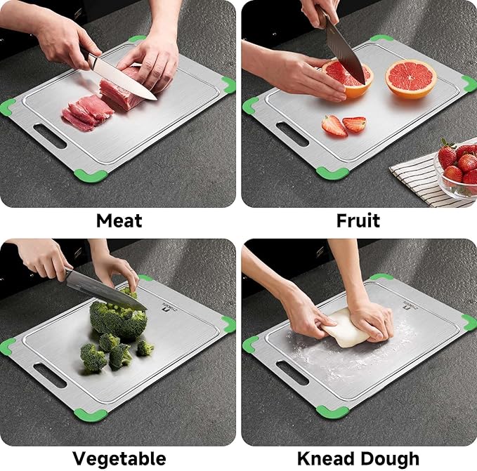 100% Pure Titanium Cutting Board with Grooves, Update Double Side Titanium Chopping Board, Silicone Anti-slip Stainless Cutting Boards for Kitchen 8 * 12 IN, Green