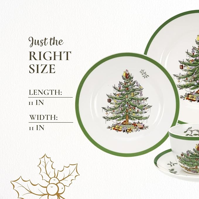 Spode Christmas Tree 5-Piece Holiday Dinnerware Set - Festive Earthenware Tableware Collection with Plates, Teacups, Saucers - Microwave, Dishwasher Safe - Christmas Dinnerware & Holiday Tableware