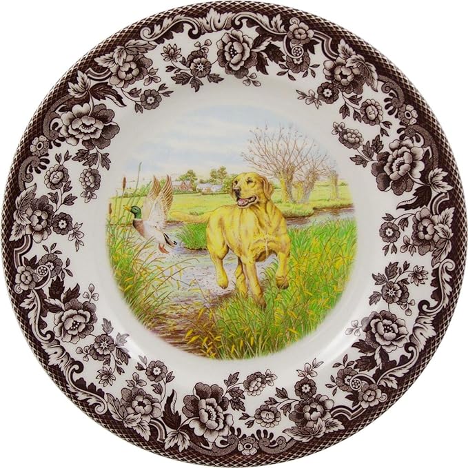 Spode Hunting Dogs Yellow Labrador Retriever 8" Salad Plate - Dog-Themed Rustic Holiday Tableware, Fine Earthenware for Salad or Dessert - Microwave, Dishwasher, Oven Safe, Made in England