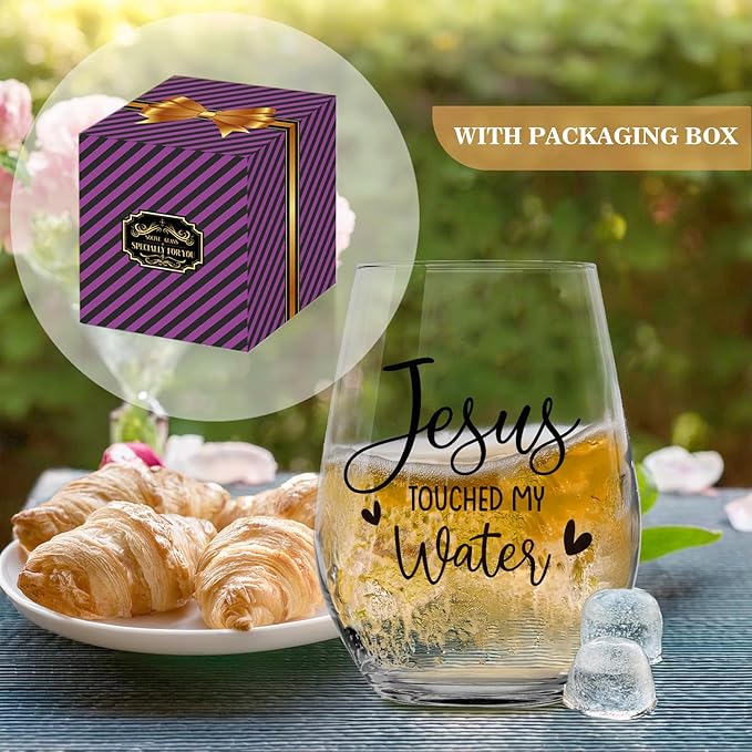 Jesus Touched My Water Wine Glasses, Funny Christian Gift for Women Gifts for Birthday Mom Father's Day Friendship Gifts (Clear-JESUS)