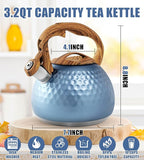 Stainless Steel Tea Kettle Blue, Teapot 3.2 Quart Whistling Tea Kettle, Tea Pots for Stove Top with Wood Pattern Handle, Gas Electric Applicable