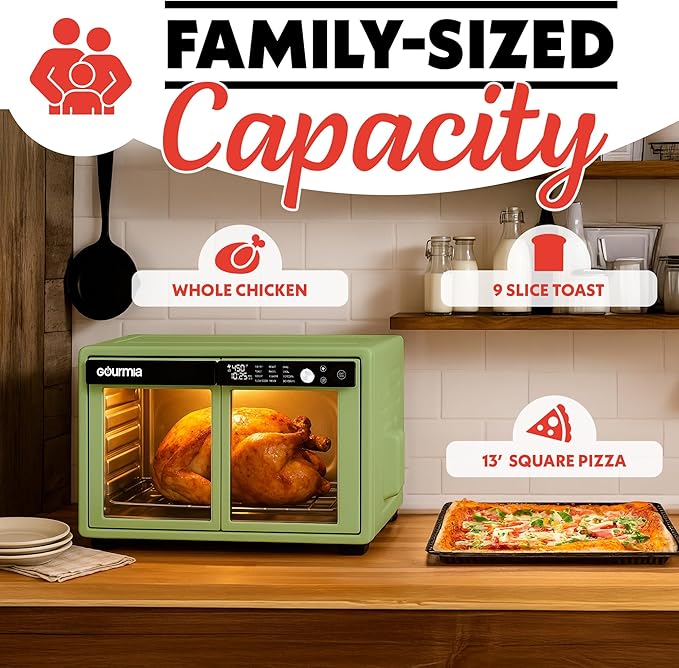 Gourmia French Door Digital Air Fryer Oven - 25-Quart XL Capacity, 12 Presets, Touchscreen, FryForce 360° Tech, Dehydrate, Proof, Slow Cook, Fits 13” Pizza, 1700W, Green