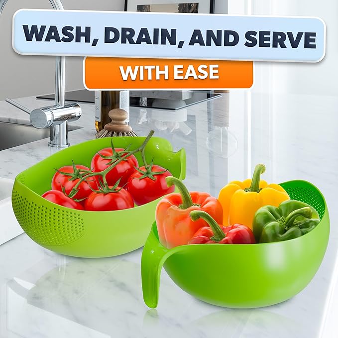 Rice Strainer with Handle - Lightweight Rice Washer Strainer Bowl with Smart Design for Easy Water Draining, Easy to Use & Clean ABS Plastic Colander with Handle for Cereals, Pasta, Vegetables, Fruits