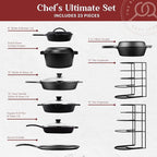Cuisinel Cast Iron 23-Pc Cookware Set - 8" Skillet + Cast Iron Lid + 12"+Lid + 10" Braiser with Lid + Grill Pan + Lid + Griddle + 5-Qt Dutch Oven + Multi-Cooker + 12"+15" Pan Rack + Scraper + Handles