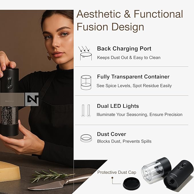 Electric Salt and Pepper Grinder Set USB-C Rechargeable, Dual-Speed Automatic Salt and Pepper Mills with Adjustable Grind Levels, Ceramic Burr, LED Light, Refillable, (Carbon Black)