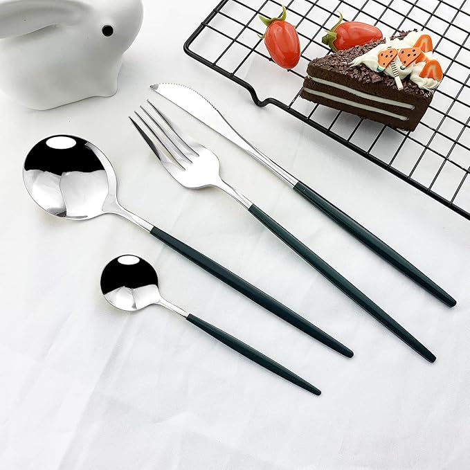 JASHII Flatware Serving Set 24 Piece, Stainless Steel Silverware Set, Green Silver Cutlery Set, Modern Elegant Tableware Set for Party, Christmas, Dinner (Green Silver)