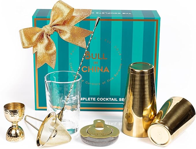 Shaken & Stirred Cocktail Set by Bull in China - Premium Bartender Gift Set w/ 2 Piece Weighted Shaker, Hammered Jigger, Hawthorne Strainer, Fine Mesh Strainer, Mixing Glass & Barspoon (Gold)