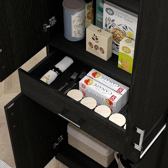 HOMCOM 71" Kitchen Pantry Cabinet with Drawer and Adjustable Shelf, Freestanding Tall Storage Cabinet with 2 Double Door Cupboards, Distressed Black