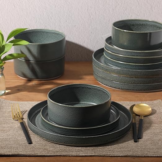 Gibson Elite Echo Bay 12 Piece Porcelain Reactive Glaze (Service for 4) Ceramic Plates and Bowls Modern Stackable Dinnerware Set - Blue