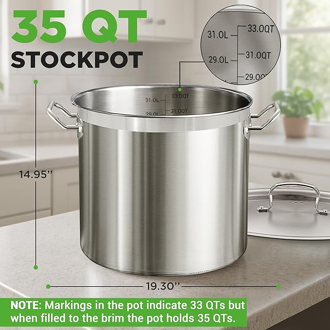 Nutrichef Stainless Steel Cookware Stockpot, 35 Quart Heavy Duty Induction Soup Pot With Stainless Steel Lid And Strong Riveted Handles, Even Heat Distribution, Compatible With Most Cooktops