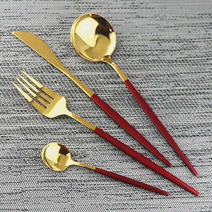 Gugrida 40-Piece Silverware Set 304 Stainless Steel Reusable Utensils Forks Spoons Knives Set, Mirror Polished Cutlery Flatware Set, Great for Family Gatherings & Daily Use (Service for 10, Red Gold)