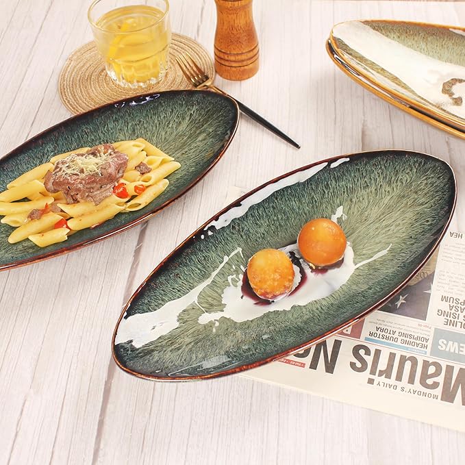 Ceramic Dinner Plates Set of 4, for Bread, Pasta, Salad, sushi - Microwave, Oven and Dishwasher Safe, Scratch Resistant durable Black reactive glaze