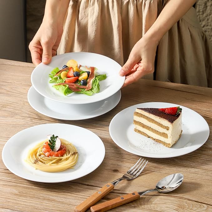 fMBB 4-Piece Salad Plates Set, 8 inch Ceramic Lightweight Round Plate Dessert Dish, Smooth Glaze - White Modern Dinnerware Set for Kitchen Serving