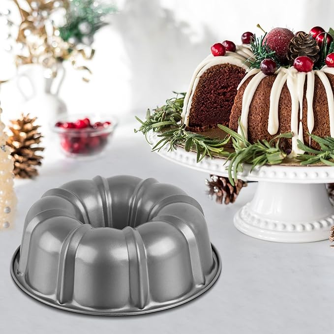 Homikit 10 Inch Nonstick Cake Pan, 10 Cups Heavy Duty Carbon Steel Fluted Tube Round Pans for Baking Meatloaf Jello Angel Food Cake Monkey Bread and More, Nonstick & Easy Release, Gray