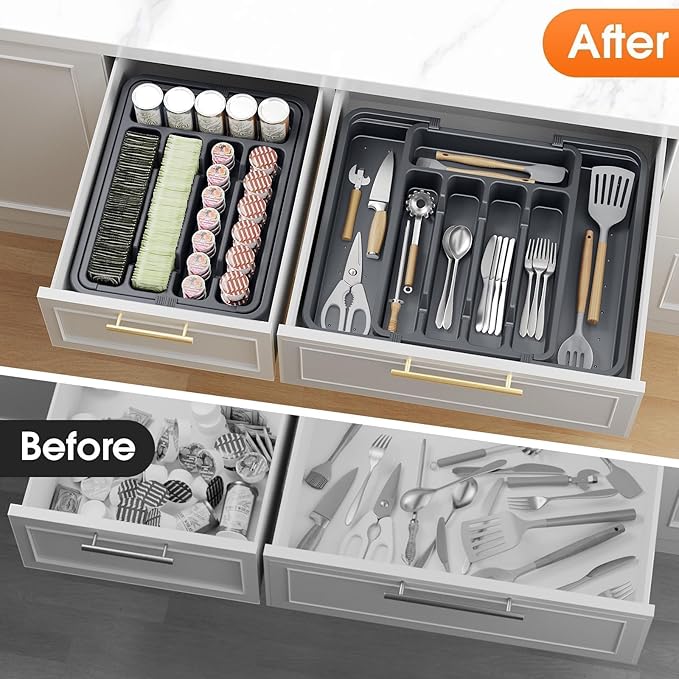 Silverware Organizer，Adjustable & Expandable Utensil Drawer Organizer, BPA Free Utensil Holder, Cutlery Tray for Forks, Spoons, Knives in Kitchen, Medium, Grey