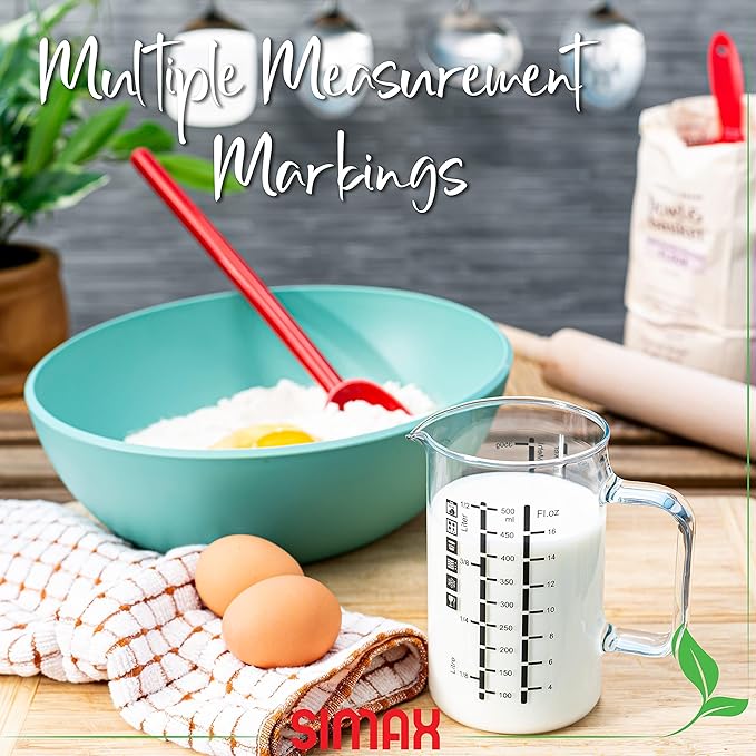 Simax Glass Measuring Cup, 16 Ounce Durable Borosilicate Glass, Easy to Read Metric Measurements, Liter, Milliliter, Ounce, Sugar Grams, Flour Grams, Drip Free Spout, Microwave and Dishwasher Safe