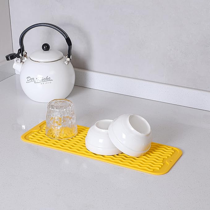 Silicone Dish Drying Mat for Multiple Usage,Easy clean,Eco-friendly,Heat-resistant Silicone Mat for Kitchen Counter,Sink,Bar,Bottle,or Cup Yellow M 17 inches x 6 inches