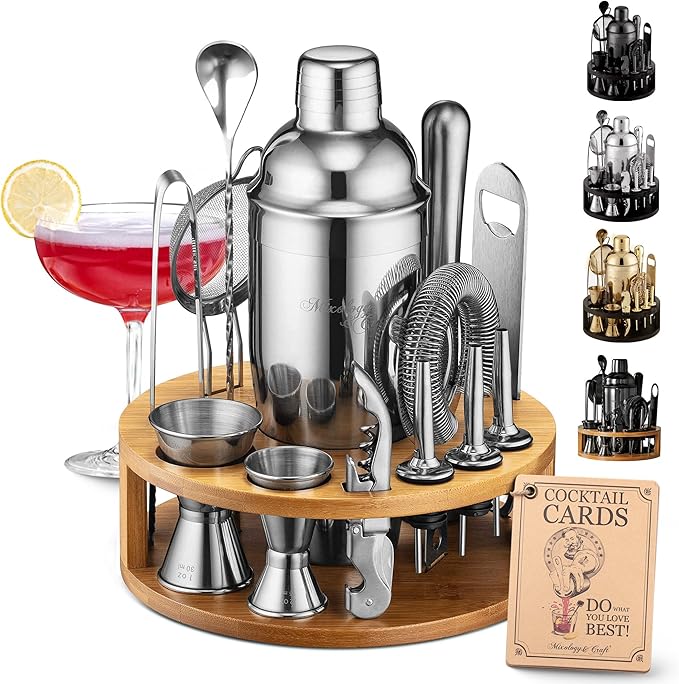 Mixology & Craft Bartender Kit – 15-Piece Cocktail Shaker Set with Bar Tools, Premium Stainless Steel Drink Mixer Accessories for Home Bar, Includes Bamboo Stand, Plus Exclusive Recipe Cards (Silver)