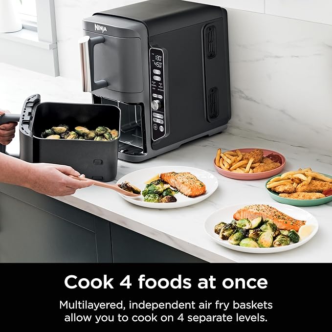 Ninja Air Fryer, 10QT DoubleStack XL 2-Basket, Compact Design, Cooks 5lb Whole Chicken, Feeds Up to 8 People, 6-in-1 Air Fryer, Roast, Bake & More, Easy to Clean, Dishwasher Safe Parts, Grey, SL401