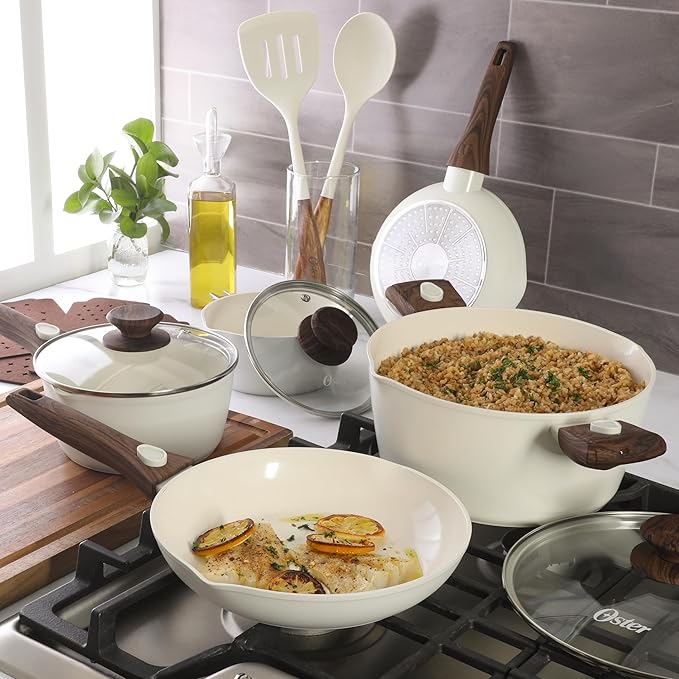 Oster SmartHandle Advance 18-Piece Ceramic Nonstick Cookware Set – Matte Linen Finish, Induction, Detachable Handles, Oven & Dishwasher Safe Pots Pans, w/Utensils & Pan Protectors