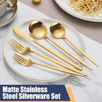 Matte Gold Silverware Set,30 Piece Stainless Steel Modern Flatware Set,Brushed Cutlery Set Service for 6,Satin Finish Utensils Set,Home Kitchen and Restaurant,Dishwasher Safe