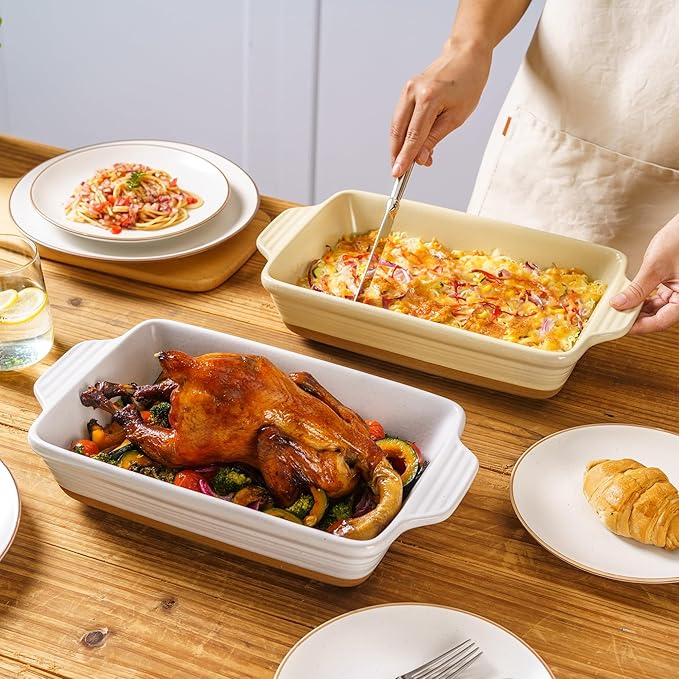Casserole Dish Cookware , 14.5" Lasagna Pan Deep for Oven, Ceramic Baking Dish, Large Baking Pan with Handles, Durable Bakeware for Lasagna Cake Chicken Turkey, Wedding Housewarming Christma Gift, White