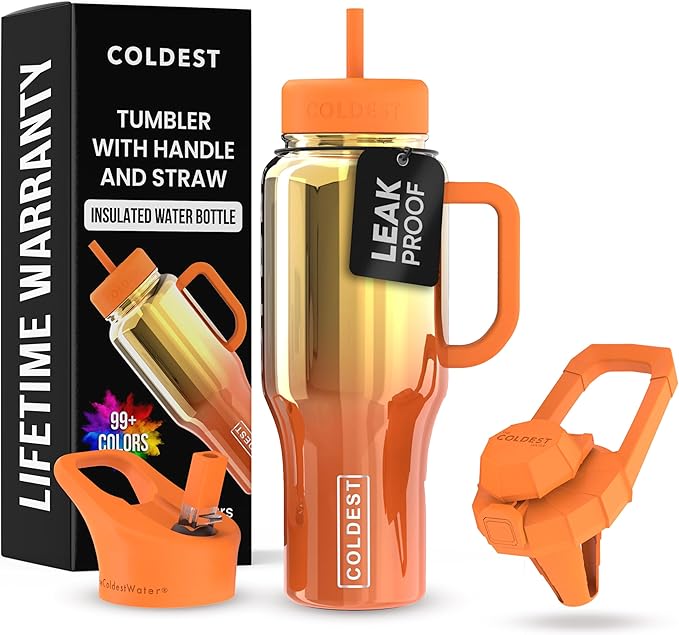 Coldest Tumbler with Handle and Straw - 100% Spill Proof Tumbler with Straw (3 Lids) - Stainless Steel Insulated Leakproof Tumblers for Women & Men - Cup Holder Friendly - 36 oz (Sunset Nova)