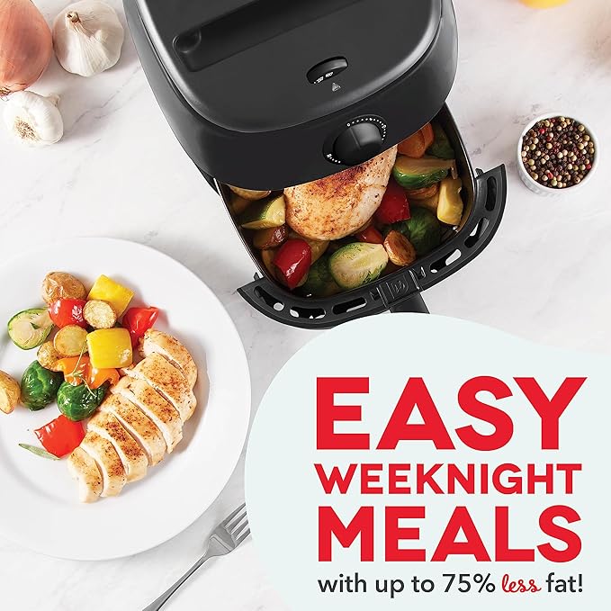 DASH Tasti-Crisp™ Electric Air Fryer Oven, 2.6 Qt., Black – Compact Air Fryer for Healthier Food in Minutes, Ideal for Small Spaces - Auto Shut Off, Analog, 1000-Watt