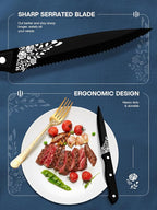 EUIRIO 24-Piece Gold Silverware Set with Steak Knives, Stainless Steel Flatware Set for 4, Mirror Gold Cutlery with Unique Floral Laser, Includes Spoons, Forks, Knives, Dishwasher Safe