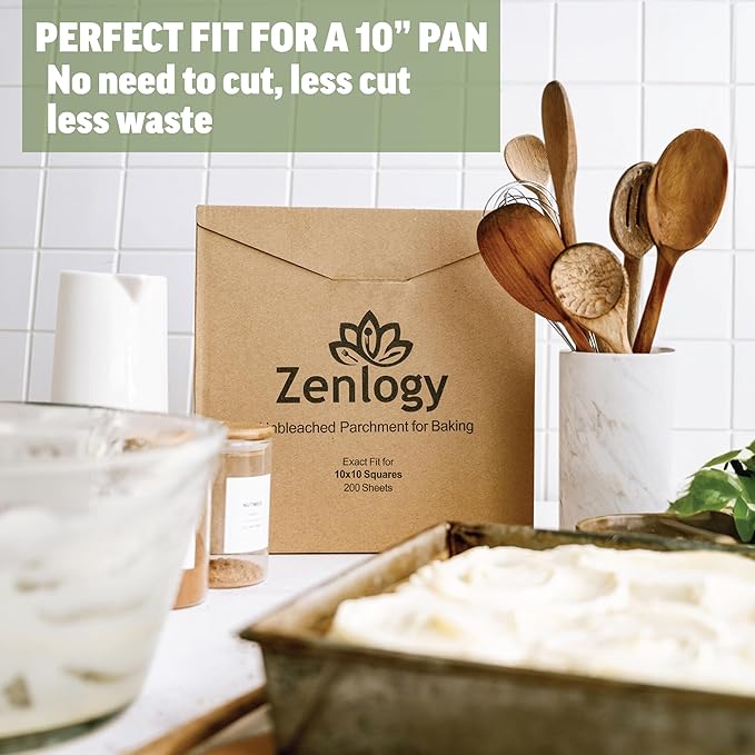 Zenlogy 10x10 Parchment Paper Squares (200 Sheets), Unbleached, High Heat, Non-stick, Pre-cut Baking Paper - Fits 10x10 Square Pans, Toaster Oven Trays, Air Fryer, Dehydrator - Baking and Roasting
