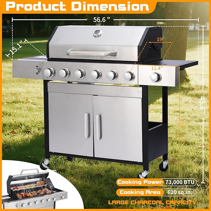 CIG GARDEN 6 Burner Propane Gas Grill With Side Burner,3 in 1 Gas BBQ Grill,73000 BTU Outdoor Barbecue Propane Griddle Grill combo for Camping, Patio, Backyard
