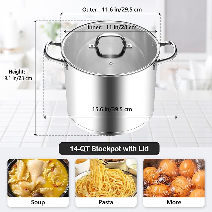 Homikit Large Stock Pot 14 Quart, Stainless Steel Chicken Soup Pot with Lid for Canning Steaming Stewing, Tri-ply Heavy Bottom Cooking Boiling Pasta Induction Stockpot, Dishwasher Safe