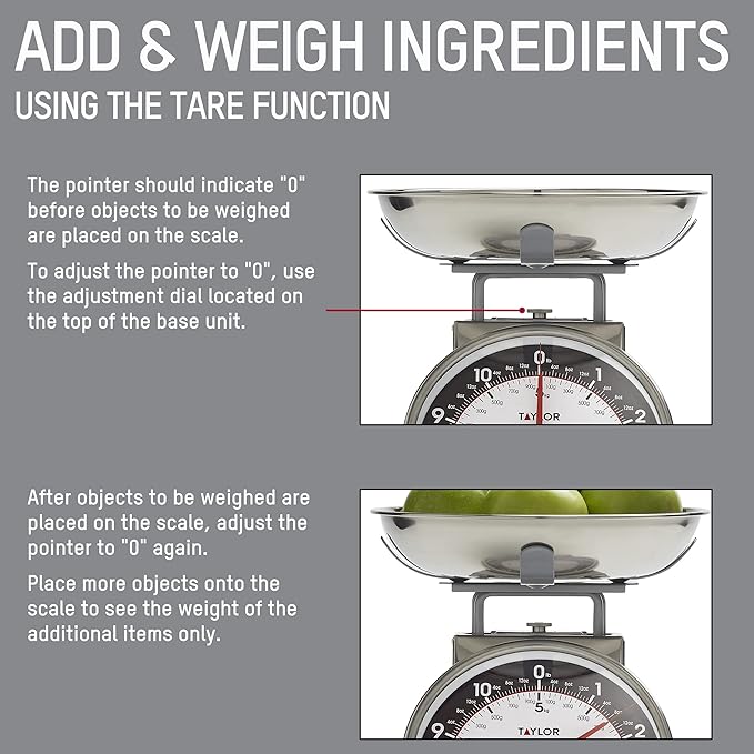 Taylor Mechanical Kitchen Food Scale with Bowl, Weighs Up to 11lbs, Measures in Grams and Ounces, Analog Cooking Scale for Baking, Black and Silver