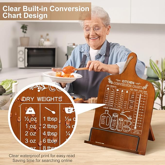 Cookbook Stand for Kitchen Counter Recipe Book Holder with Conversion Chart Adjustable Non Slip Cookbook Holder Kitchen Gifts for Women Mother's Day Gifts for Mom Housewarming Retirement Gifts