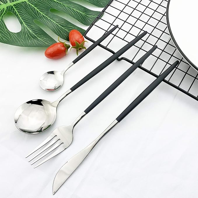 JASHII Flatware Serving Set 24 Piece, Stainless Steel Silverware Set, Titanium Black Silver Cutlery Set, Modern Elegant Tableware Set for Party, Christmas, Dinner (Black Silver)