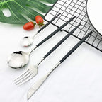 JASHII Flatware Serving Set 24 Piece, Stainless Steel Silverware Set, Titanium Black Silver Cutlery Set, Modern Elegant Tableware Set for Party, Christmas, Dinner (Black Silver)