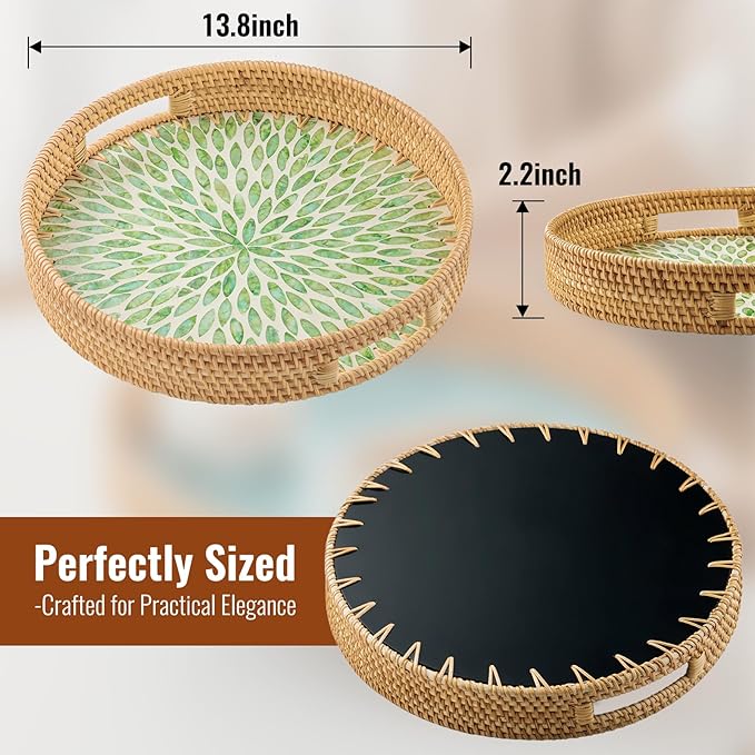 13.8 in Round Rattan Serving Tray with Handle, Mother of Pearl Inlay Wooden Base, Decorative Wicker for Table, Kitchen Island & Home Decor (Green Leaf)