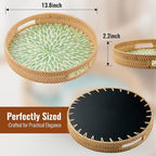 13.8 in Round Rattan Serving Tray with Handle, Mother of Pearl Inlay Wooden Base, Decorative Wicker for Table, Kitchen Island & Home Decor (Green Leaf)