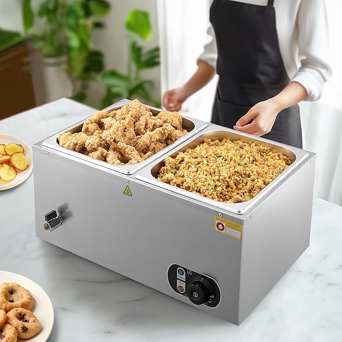 WILPREP Commercial Food Warmer with Two 1/2 Pans, 1500W Countertop Electric Steam Table, 86-185°F Adjustable Temp Control & Over-Temp Protection, Stainless Steel Buffet Bain Marie
