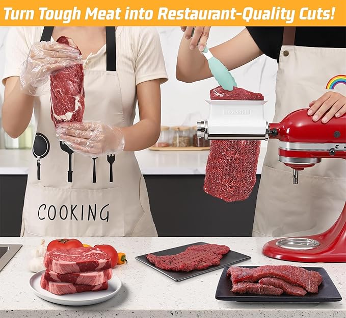 Adjustable 3 Thickness Meat Tenderizer Attachment for Kitchenaid Mixers, Dishwasher Safe Durable Metal Housing & Plastic Rollers/Gears Accessories-White