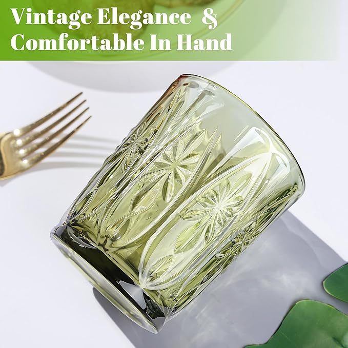 Joeyan Green Vintage Drinking Glasses,Embossed Small Water Glass Tumbler with Floral Design,11oz Colored Decorative Glassware for Beverages Juice Whisky Cocktail Beer Wine,Set of 6,Dishwasher Safe