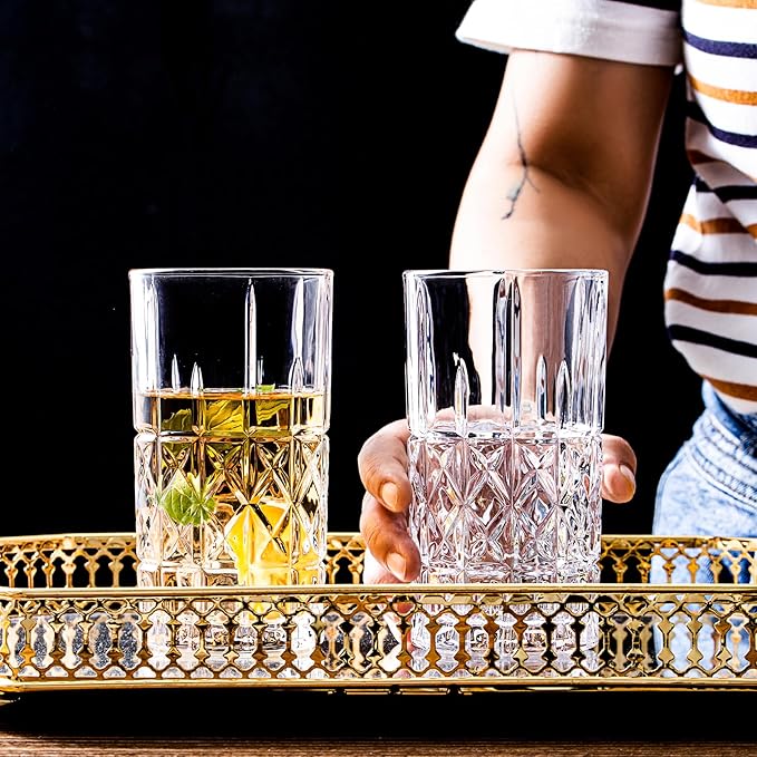 Tall Highball Glasses Set of 6, 14 Ounce Cups, Textured Designer Glassware for Drinking Water, Beer, or Soda, Trendy and Elegant Dishware, Dishwasher Safe