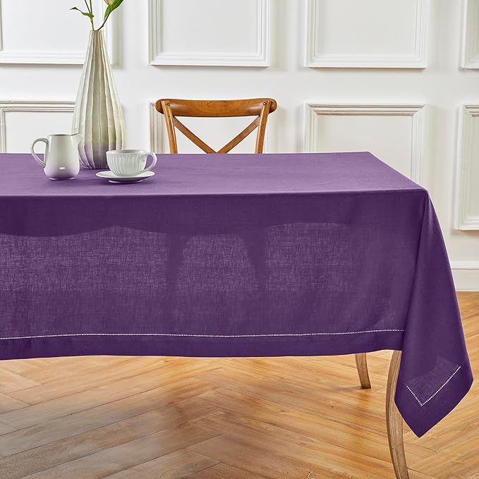Solino Home Square Linen Tablecloth 52 x 52 Inch - 100% Pure Linen Purple Table Throw - Classic Hemstitch, Machine Washable Table Cloth for Summer, Fall, Autumn, Halloween