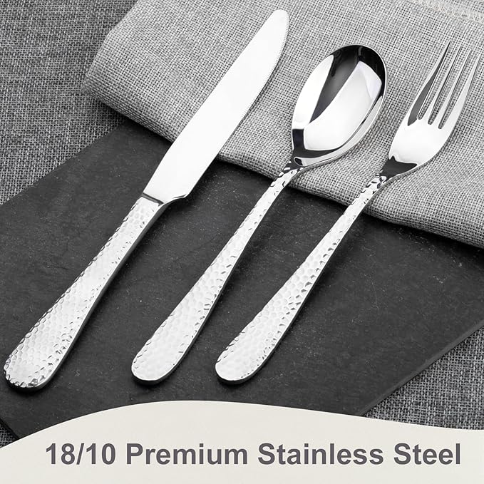 Hammered Silverware Set, 30-Piece Flatware Cutlery Set Service for 6, Modern Heavy Duty Design, 18/10 Stainless Steel Utensils, Dishwasher Safe