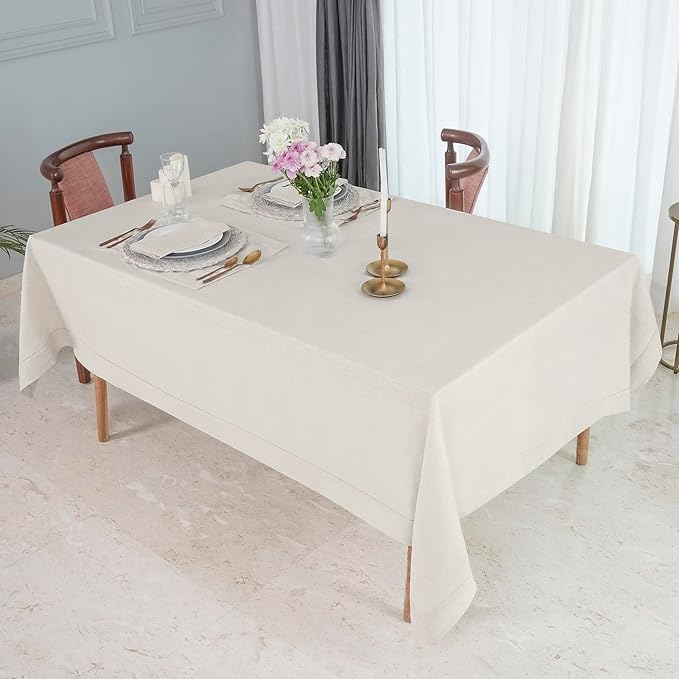 D'Moksha Homes Light Natural Linen Tablecloth 60 x 120 Inch - 100% Pure Linen Hemstitch Tablecloth for Rectangle Tables - Classic Hemstitch, Machine Washable Table Cloth for Summer, Fall, Halloween