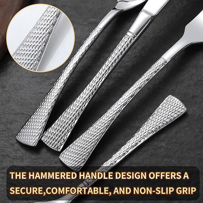 Lemeya Hammered Silver Silverware Set for 8,Stainless Steel 40-Piece Modern Cutlery Set,Mirror Polished Heavy Duty Flatware Set Utensil Set,Knives Spoons and Forks Set,Dishwasher Safe